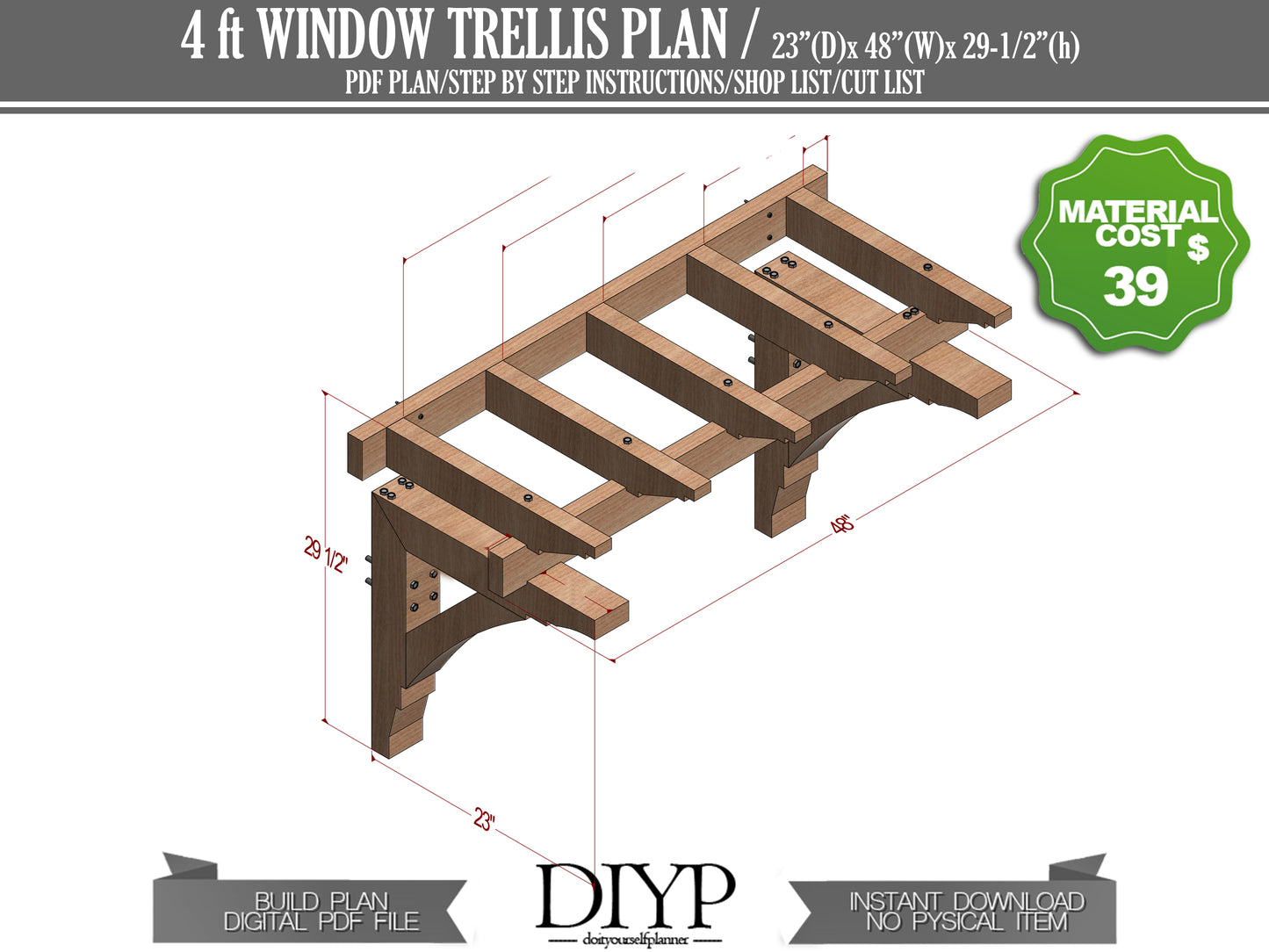 4 ft window Trellis Plan - DIY arbor plans - Door garage arbor - cottage door pergola plans - DIY trellis