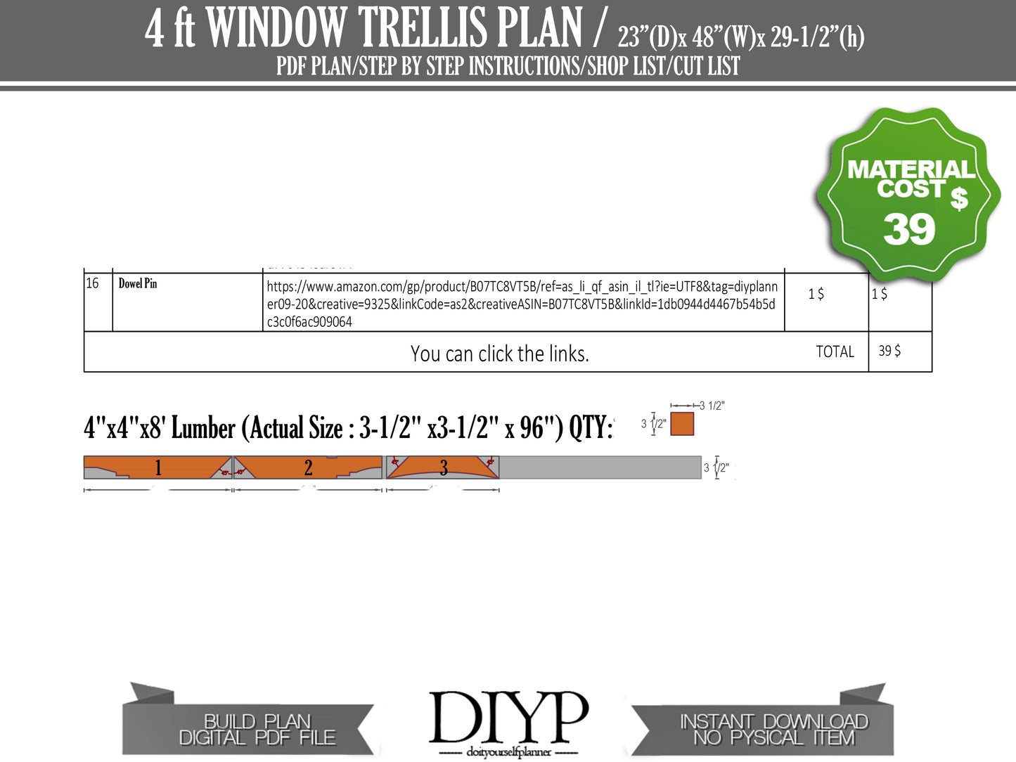 4 ft window Trellis Plan - DIY arbor plans - Door garage arbor - cottage door pergola plans - DIY trellis