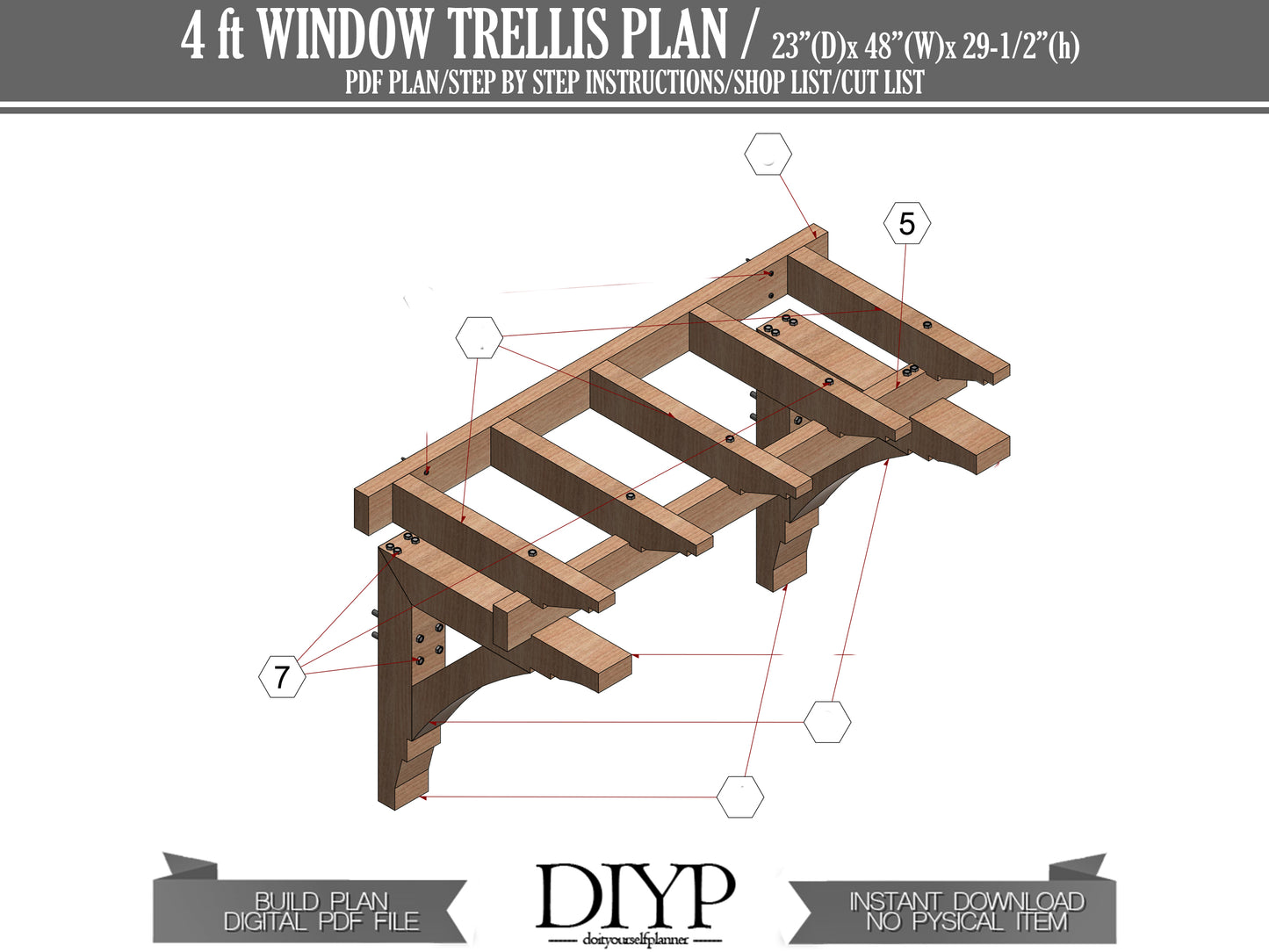 4 ft window Trellis Plan - DIY arbor plans - Door garage arbor - cottage door pergola plans - DIY trellis