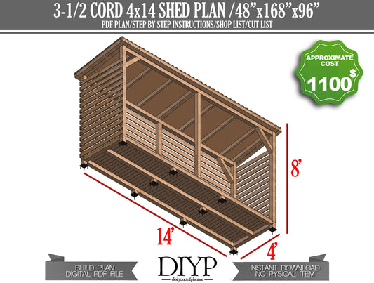 4x14 Firewood Shed Plans - DIY Wood Storage Shed Plans with Construction Animation, Shopping List, Cut List & More!
