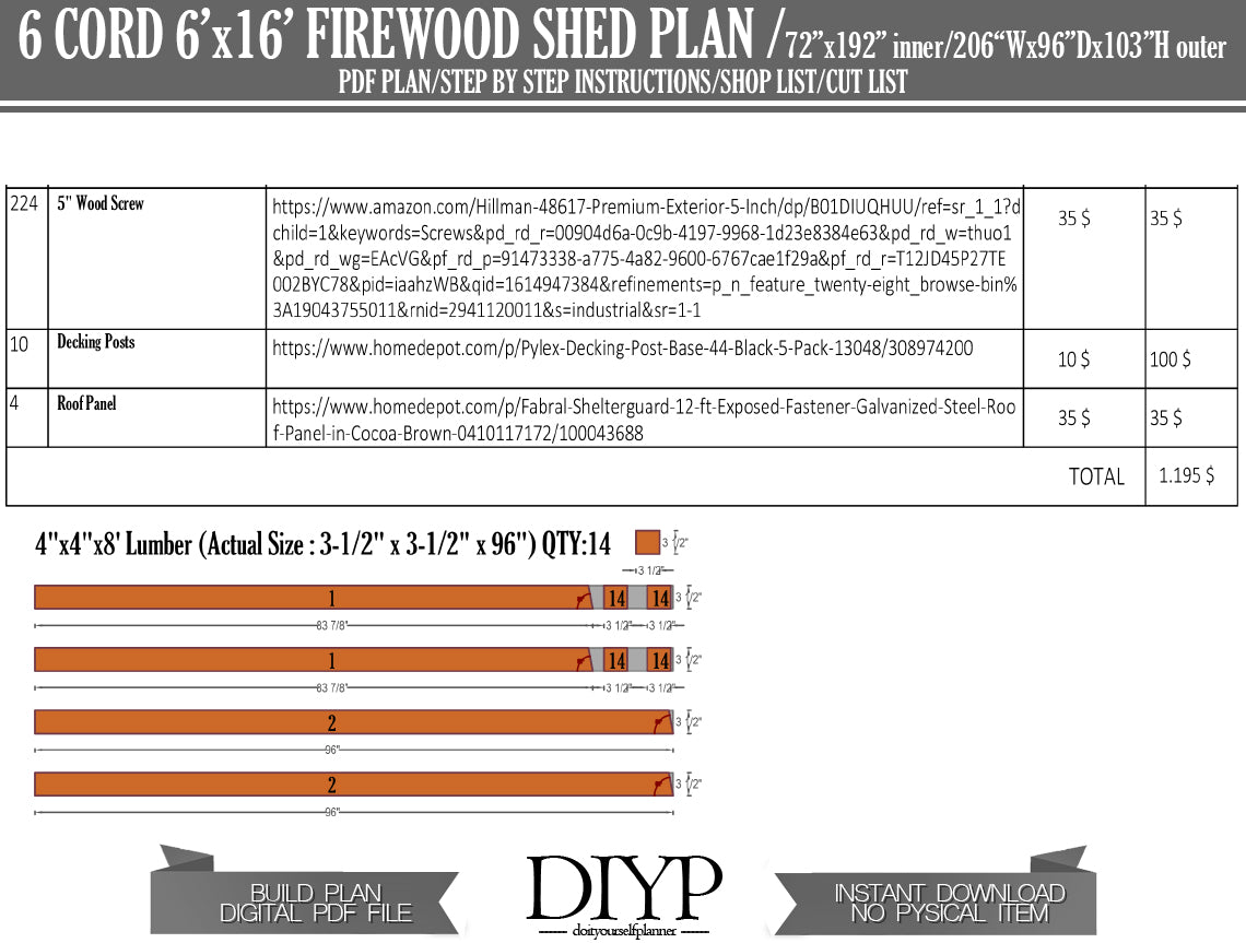6x16 Firewood Shed Plans - DIY Woodshed Plans, 3 Cord Storage, Easy to Build, Instant Download, PDF, Cutting List, Shopping List, Construction Animation