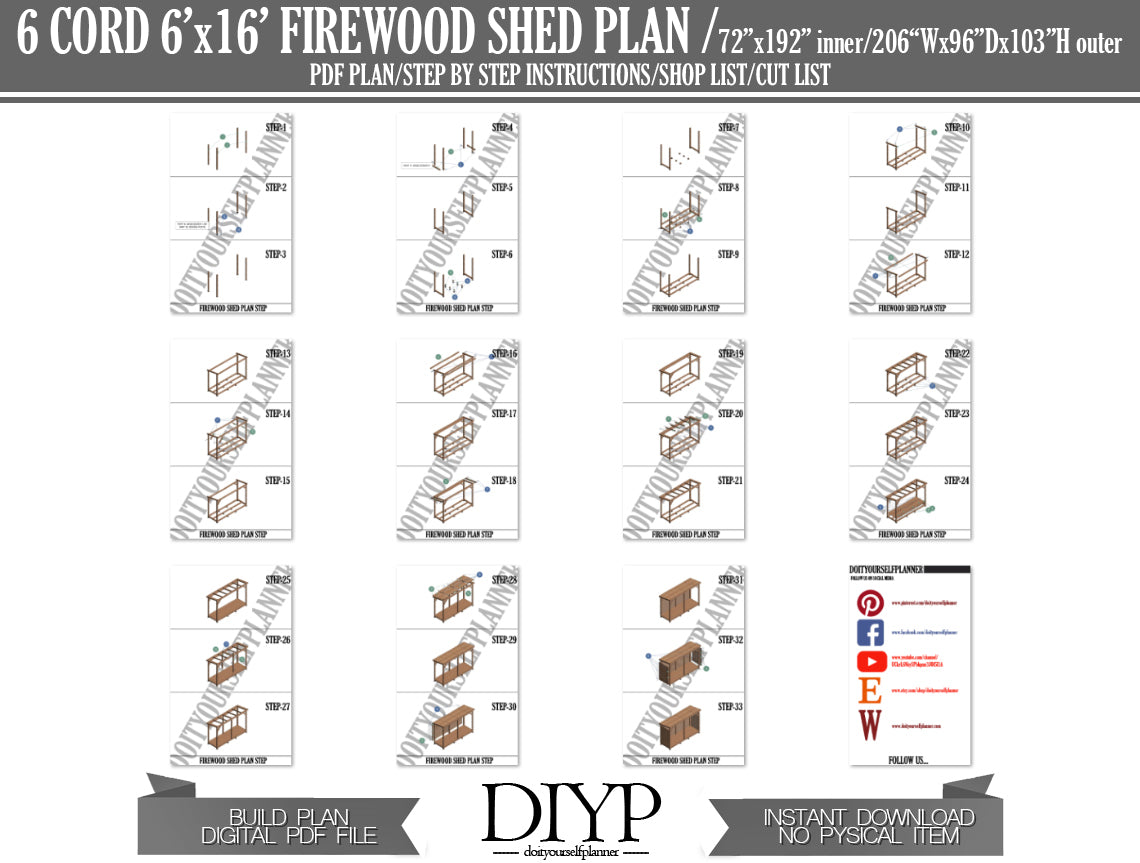 6x16 Firewood Shed Plans - DIY Woodshed Plans, 3 Cord Storage, Easy to Build, Instant Download, PDF, Cutting List, Shopping List, Construction Animation