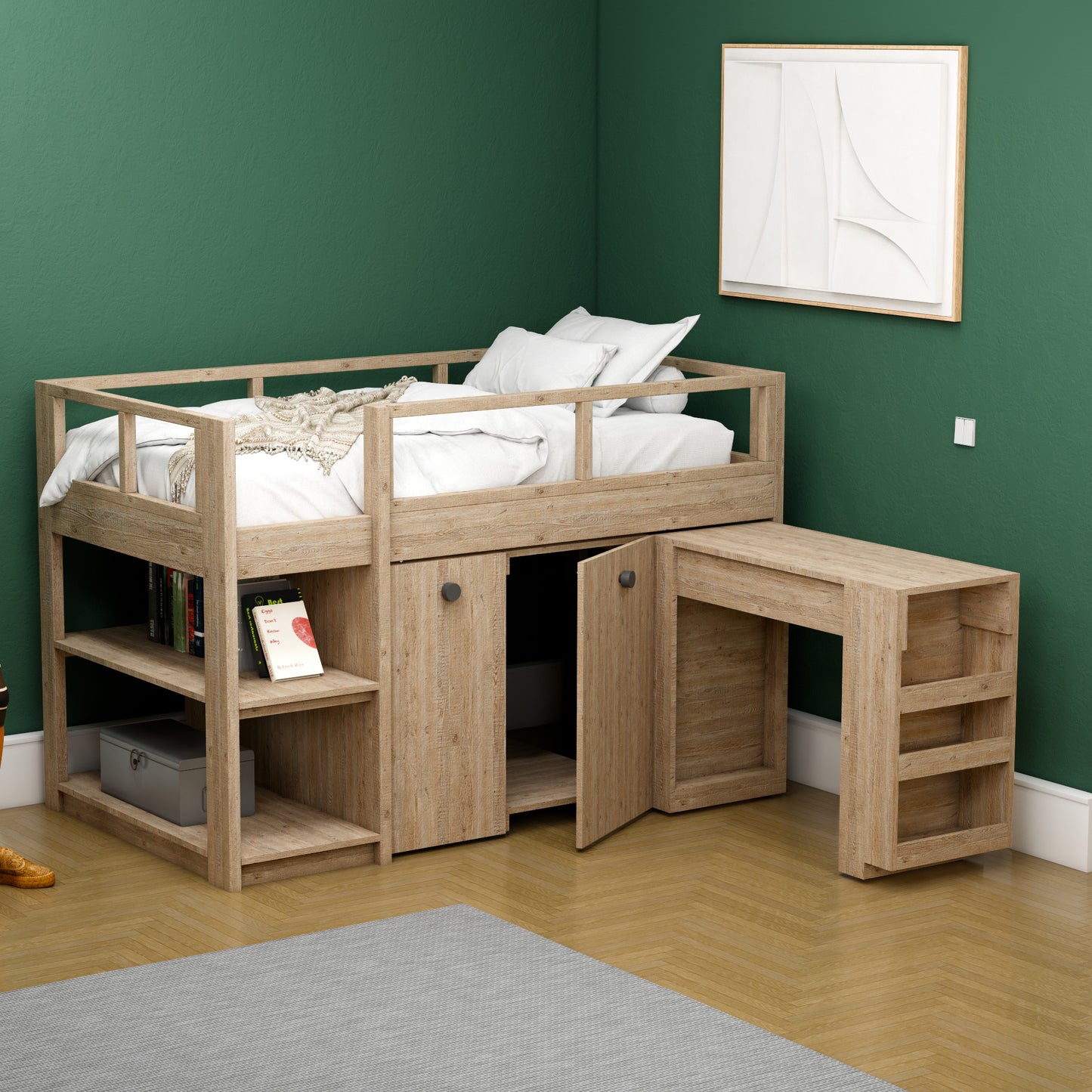 DIY Twin Loft Bed with Pull-Out Desk and Storage – Digital Woodworking Plan
