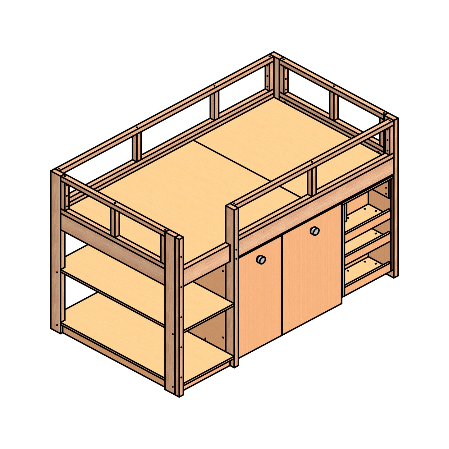 DIY Twin Loft Bed with Pull-Out Desk and Storage – Digital Woodworking Plan
