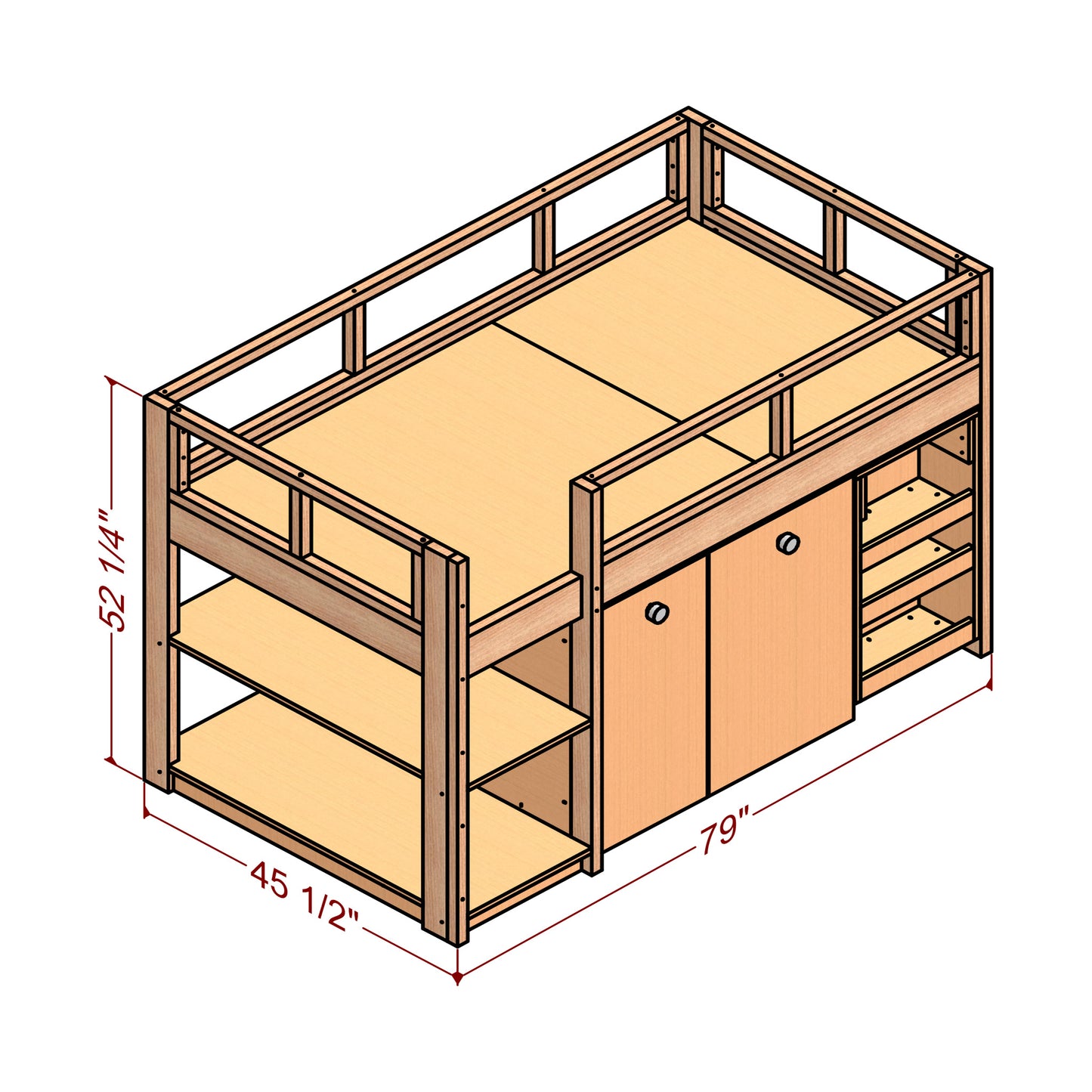 DIY Twin Loft Bed with Pull-Out Desk and Storage – Digital Woodworking Plan