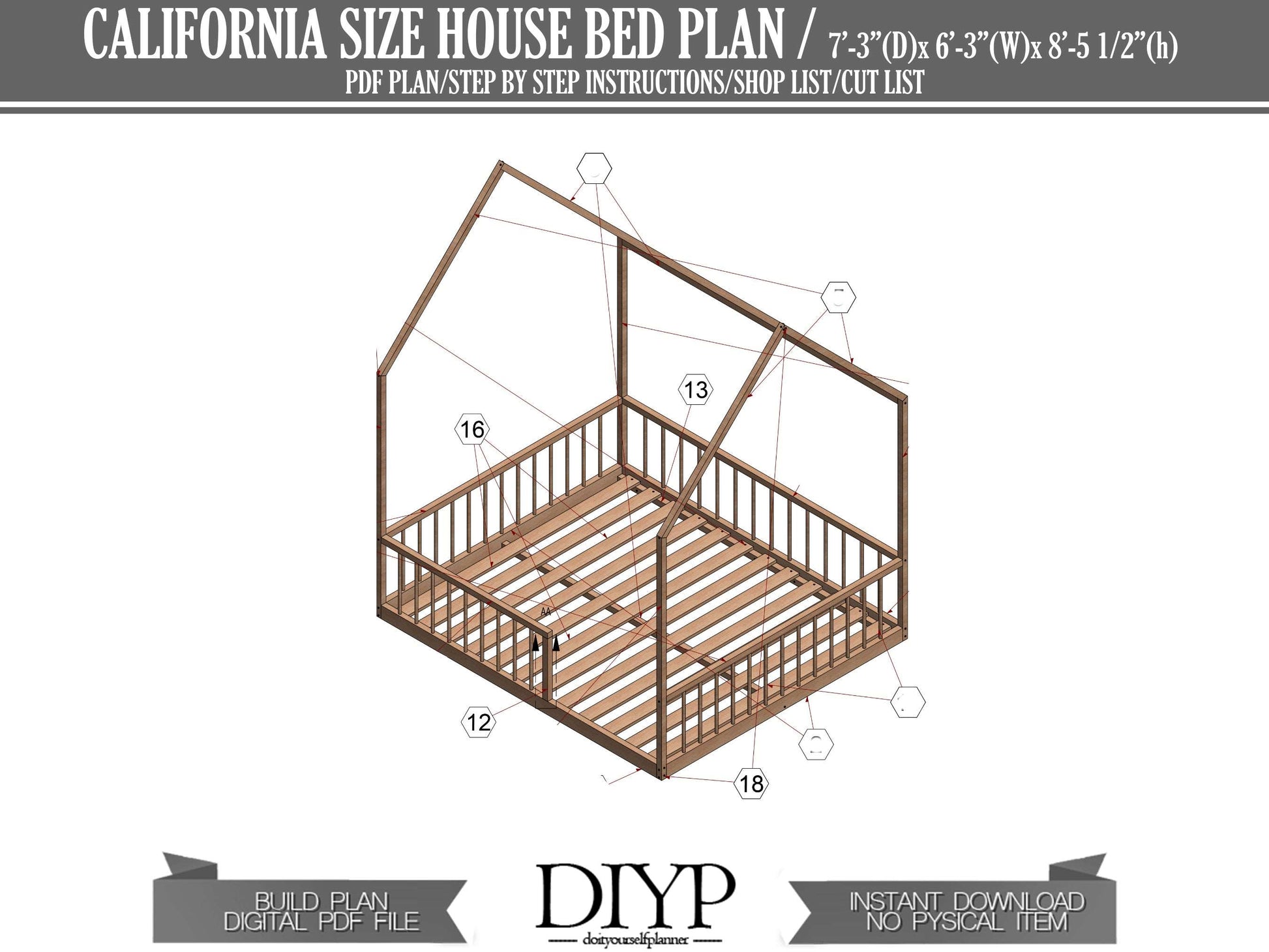 Build Your Child's Dream Montessori California Size House Bed Frame | DIY Plan with Parts List, Shopping Guide, and Production Animation
