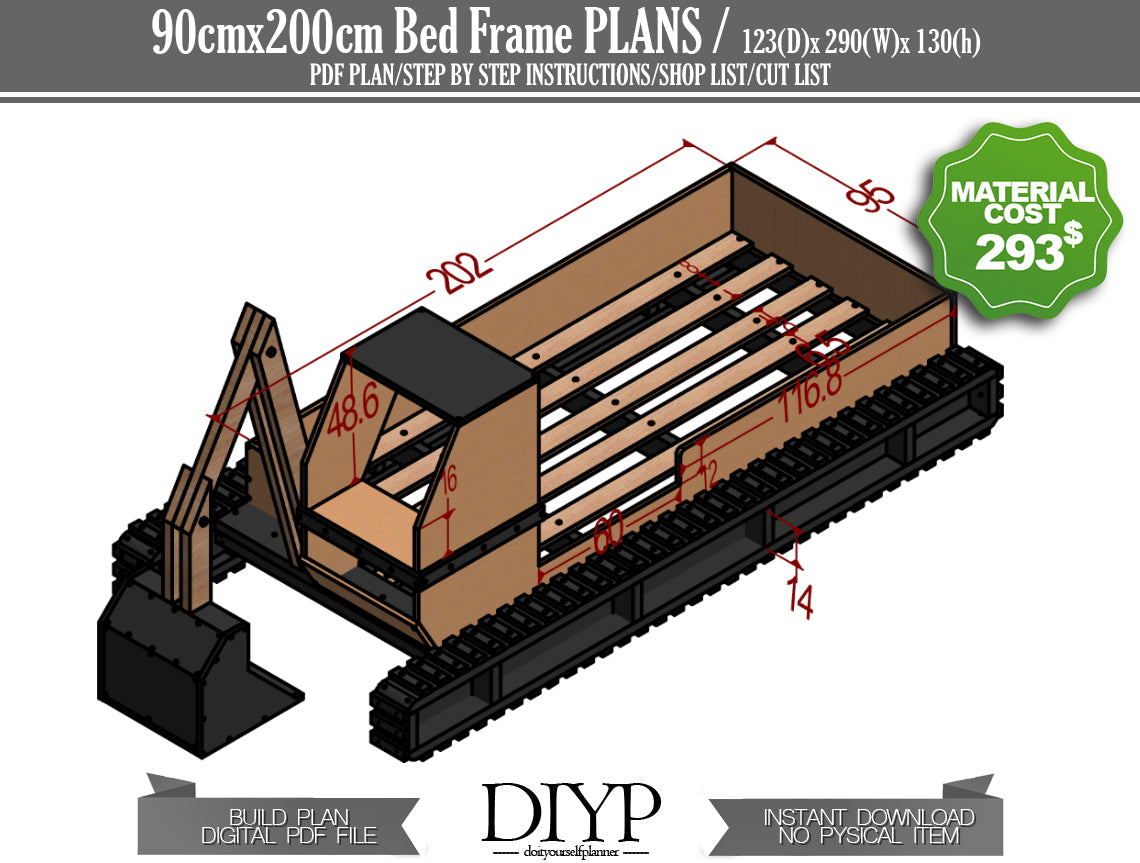 90x200cm bed frame plan, Excavator Bed Plans, Toddler bed Plan, Children Bed plan, Bulldozer bed plan