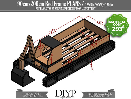 90x200cm bed frame plan, Excavator Bed Plans, Toddler bed Plan, Children Bed plan, Bulldozer bed plan