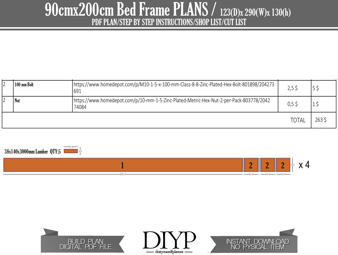 90x200cm bed frame plan, Excavator Bed Plans, Toddler bed Plan, Children Bed plan, Bulldozer bed plan