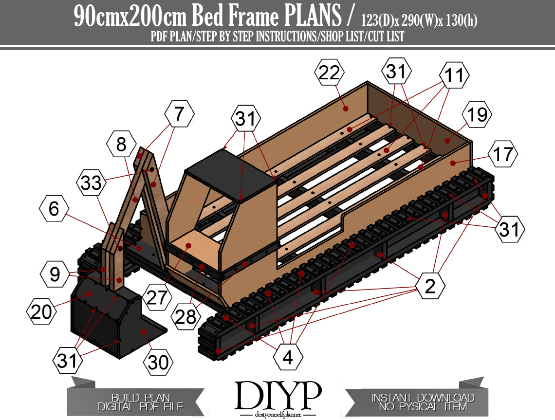 90x200cm bed frame plan, Excavator Bed Plans, Toddler bed Plan, Children Bed plan, Bulldozer bed plan
