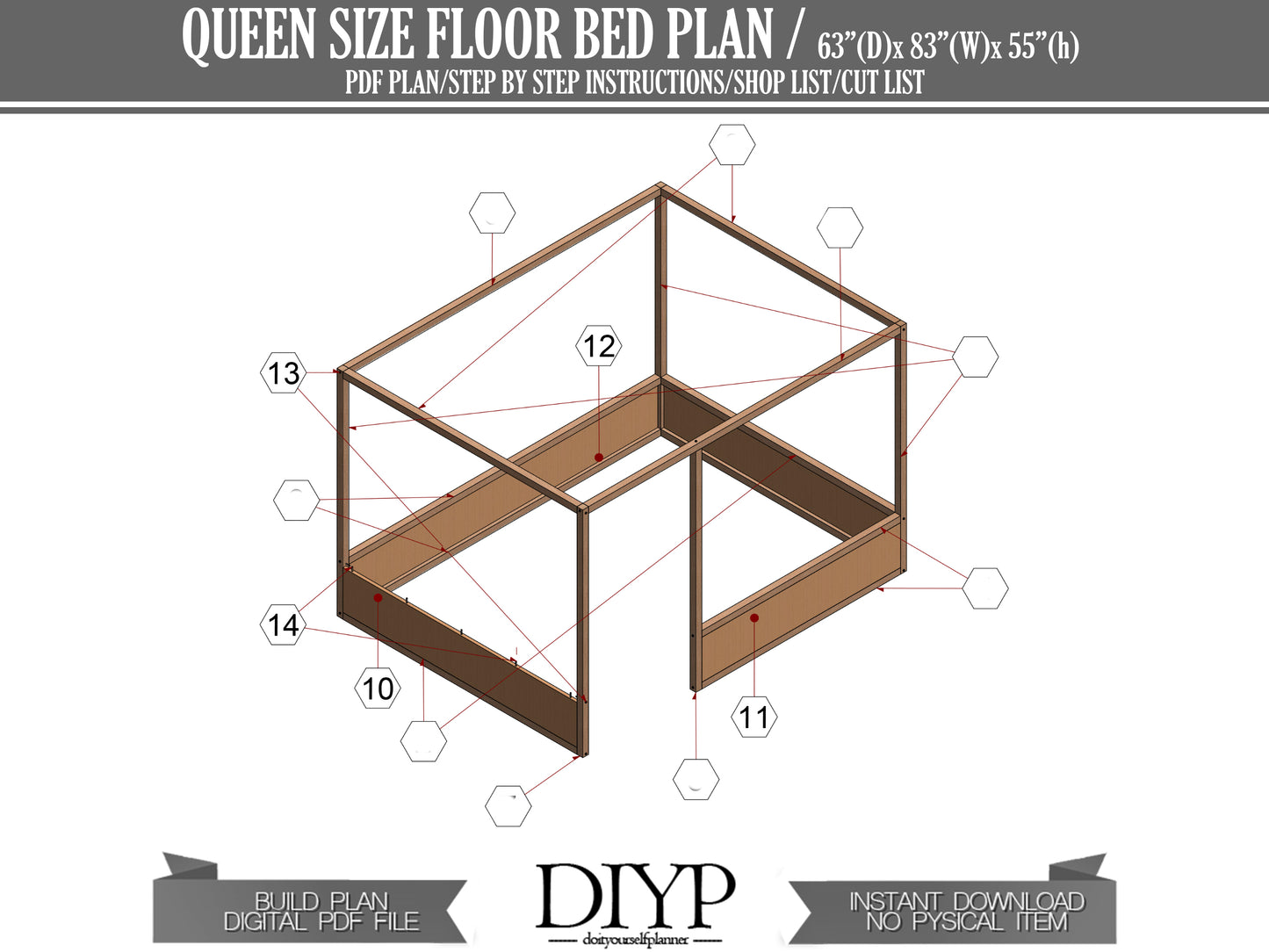 Queen size Montessori Kids' Bed Woodworking Plans