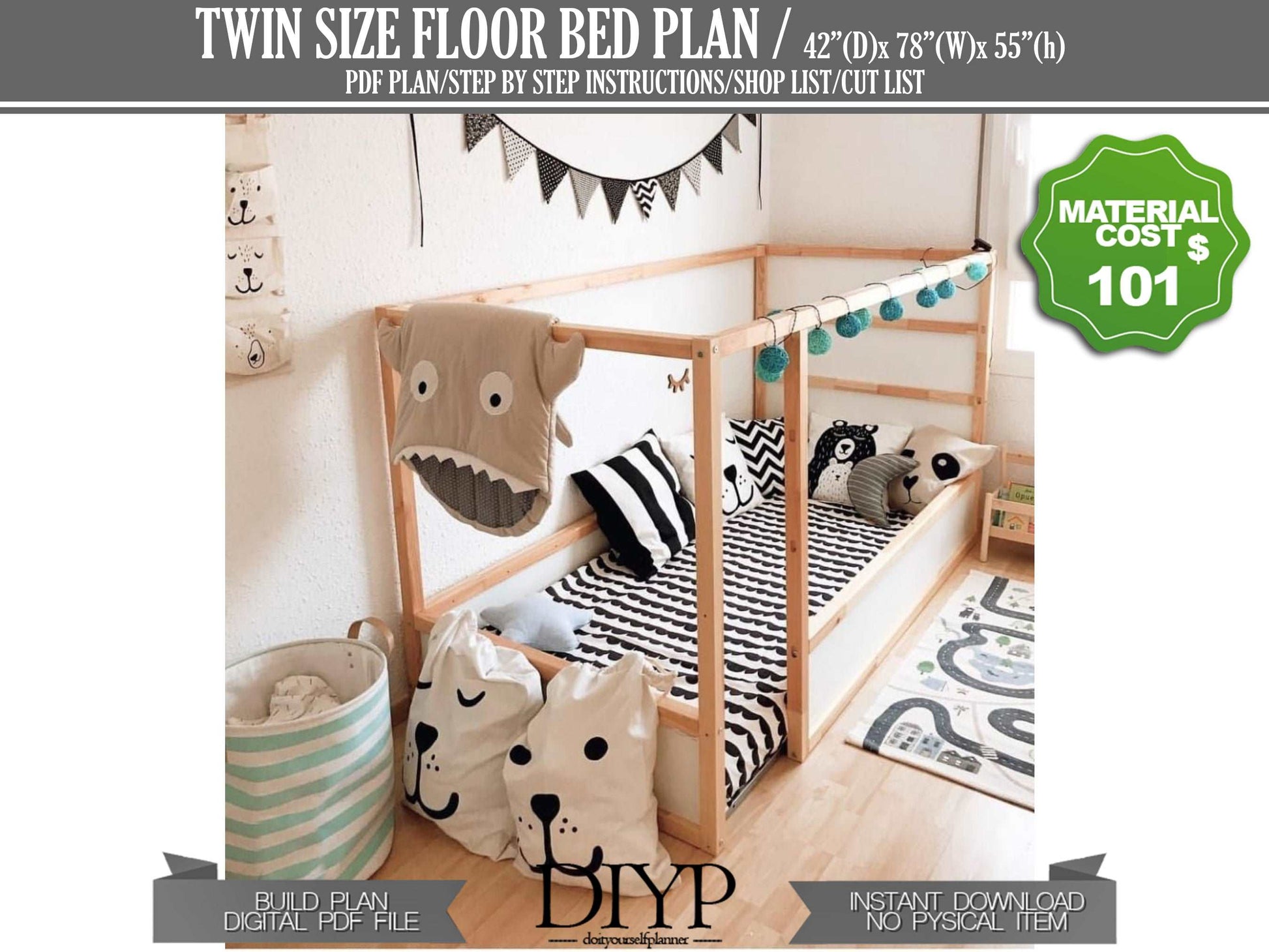 DIY Twin size Floor Bed plan, build plans for floor bed