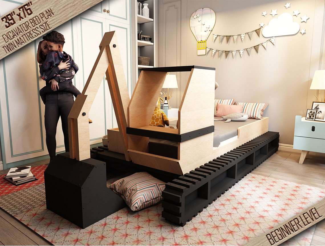 Twin size bed frame, Excavator Bed Plans, Toddler bed Plan, Children Bed plan, Bulldozer bed plan