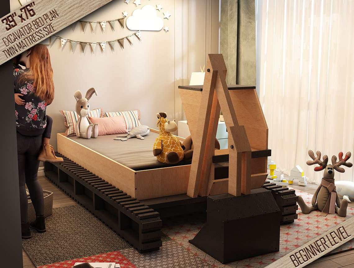 Toddler bed frame, twin size bed plans ,Excavator Bed plans for child, Make bed for boys, Diy Bed Plans, Toddler bed frame