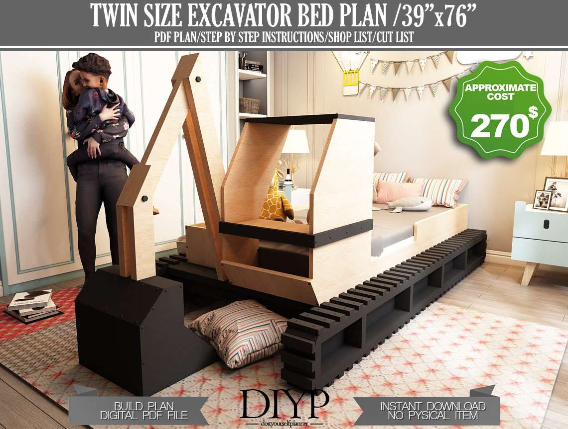 Twin size bed frame, Excavator Bed Plans, Toddler bed Plan, Children Bed plan, Bulldozer bed plan