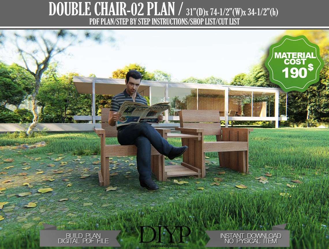 Wooden chair plans, two adirondack chair build plans, Two chair with table digital plans, diy plans for chiar