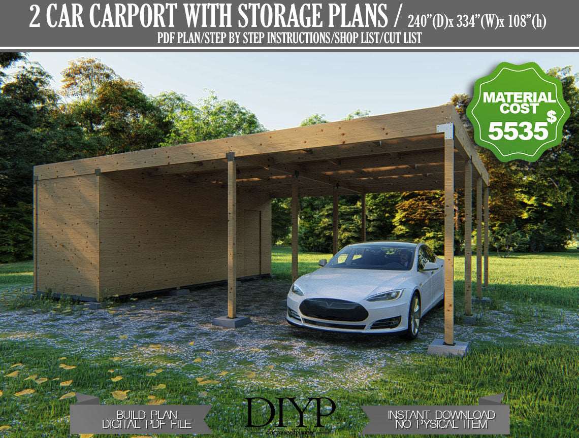 Two car carport with storage plan, carport shed, build a carport, diy garage plans, Two car port plans, car garage build plan,
