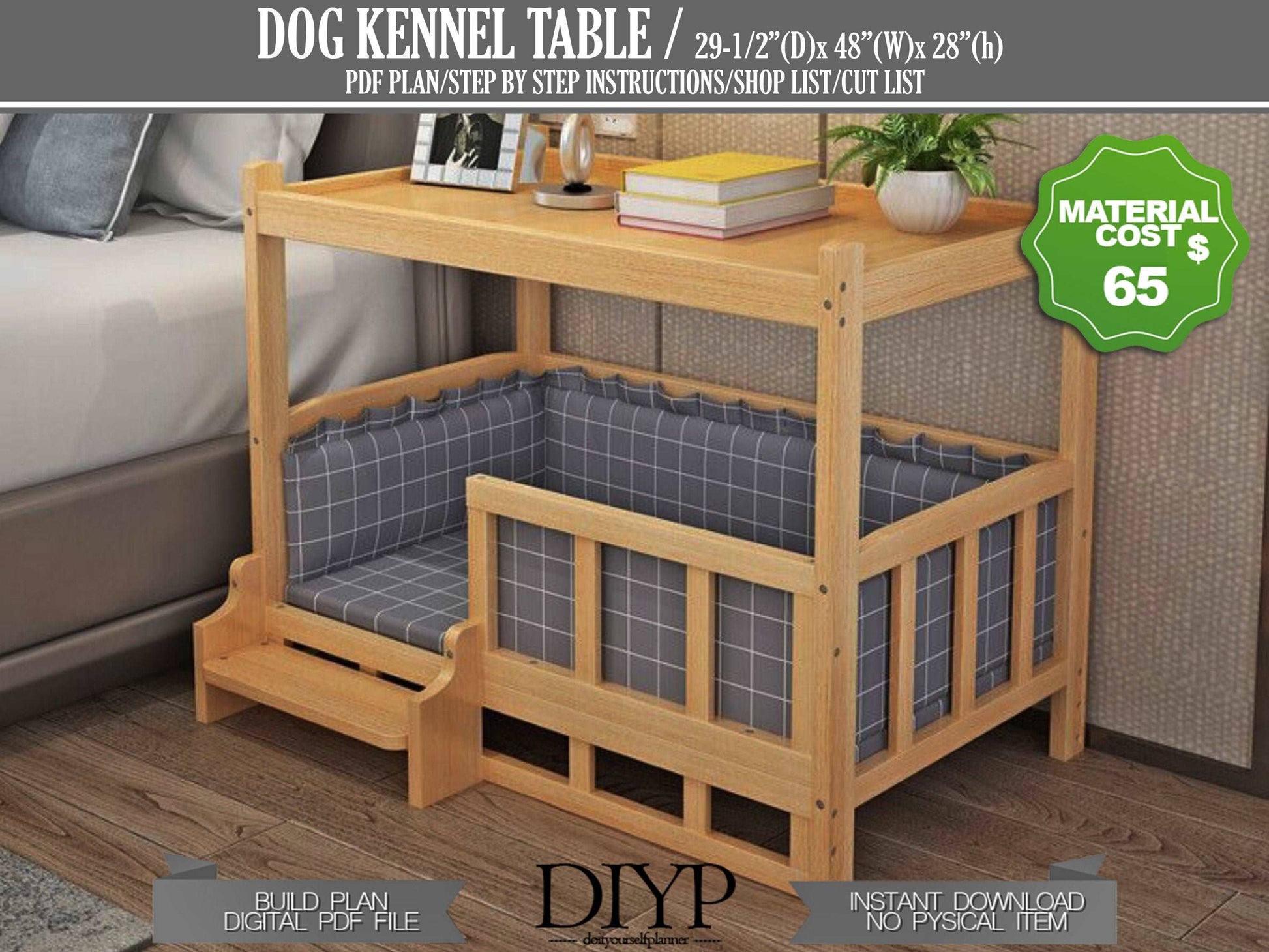 Wooden Elevated Dog Bed Plan, Bedside/Sofa Side End Table with Dog Lounge Sofa, Perfect for Dogs Cats, Spacious Storage