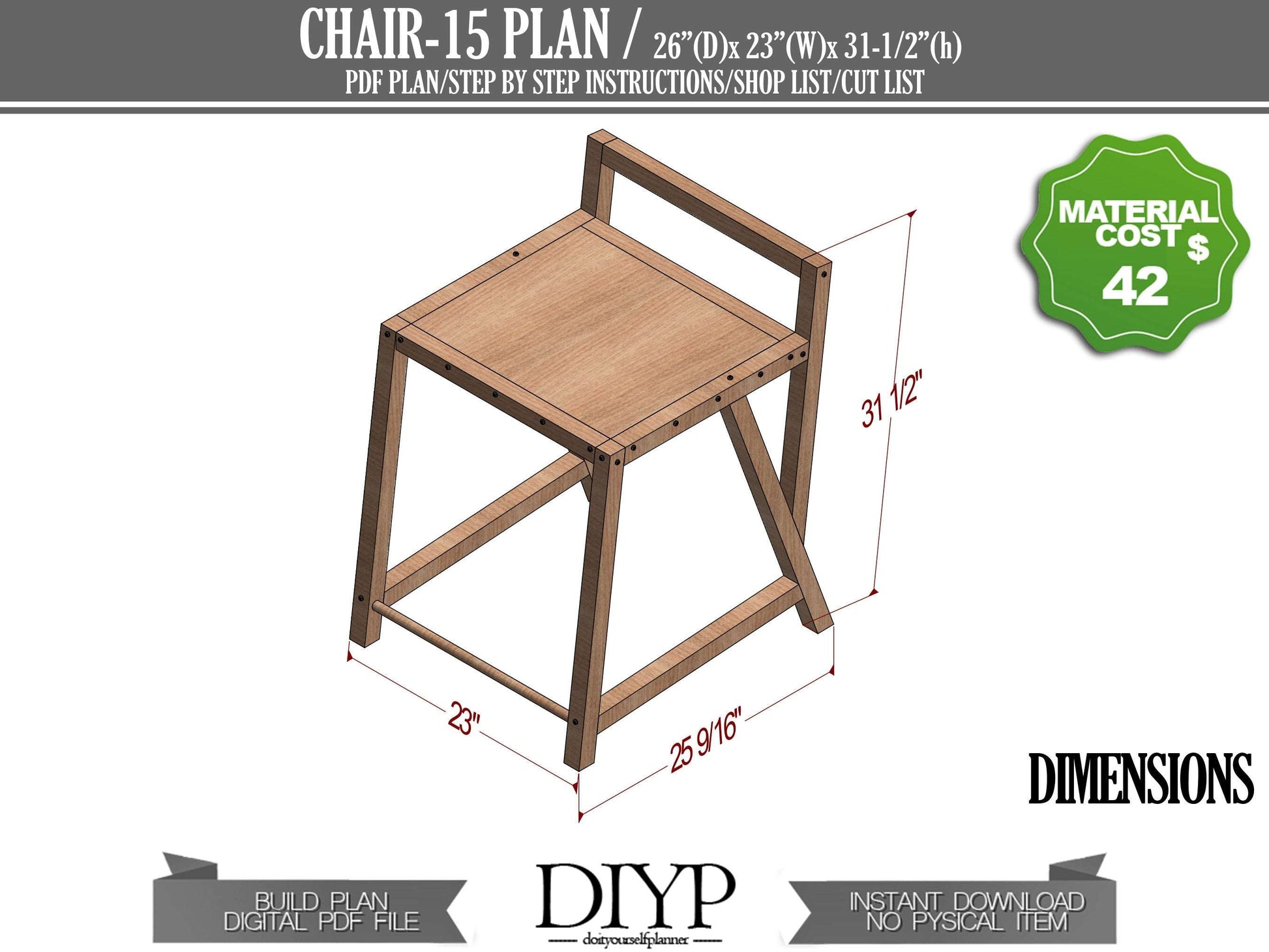 Modern Chair plan, DIY Wooden Bar Stool, Build plans for minimal chair