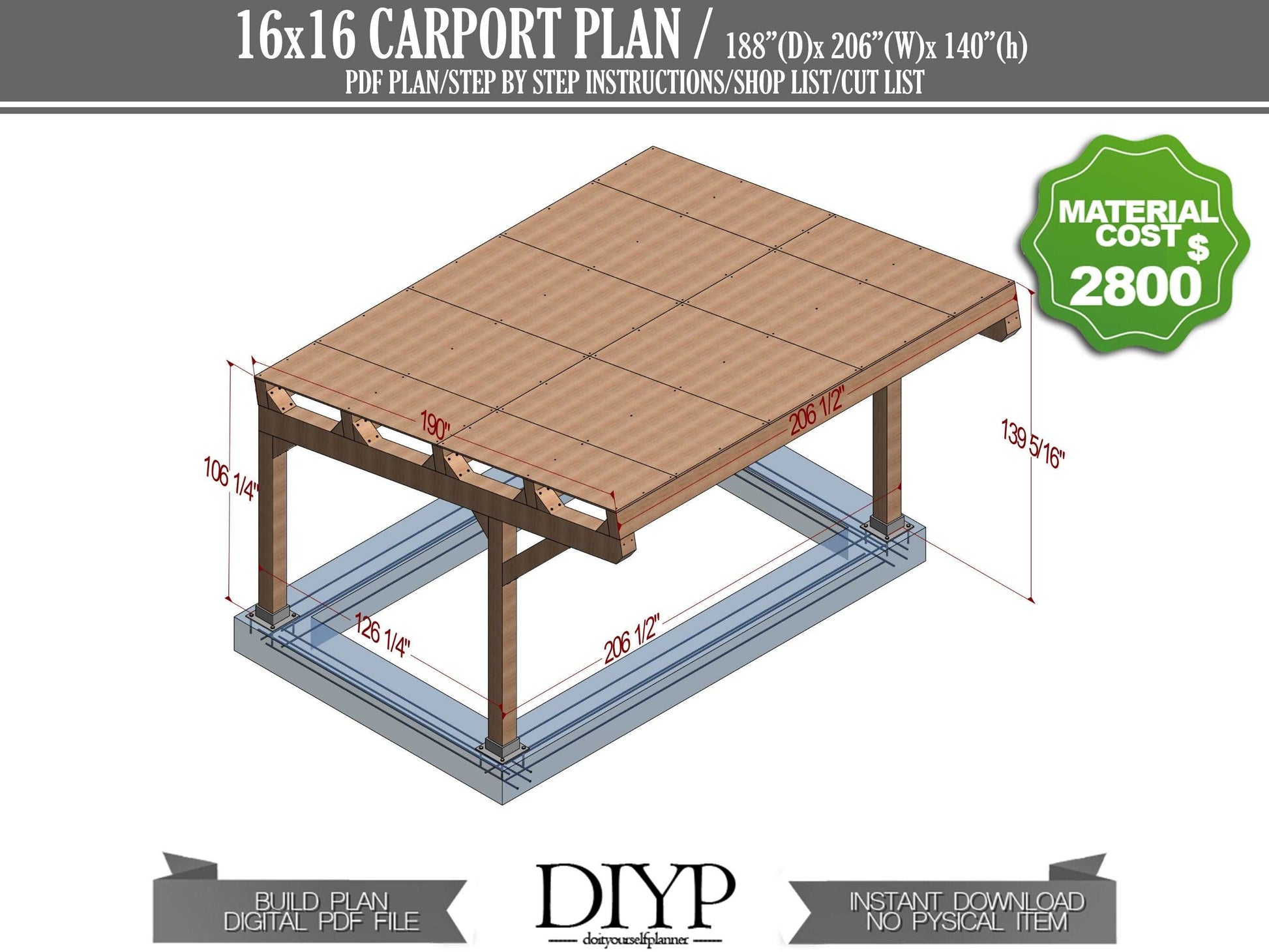 16'x16' Carport Plans - DIY Wooden car garage - Download Printable PDF