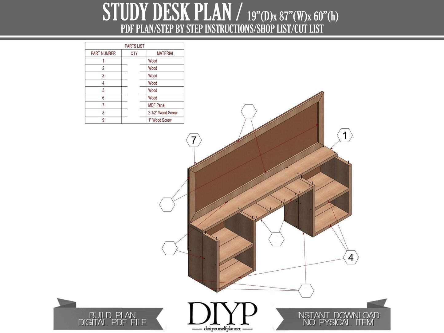 Diy build PDF plan for wooden study table - Build your own affordable Study Desk