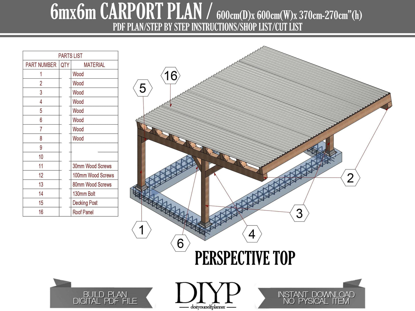 6mx6m Carport Plans DIY Wooden car garage - Construction plans for single Slope Carport