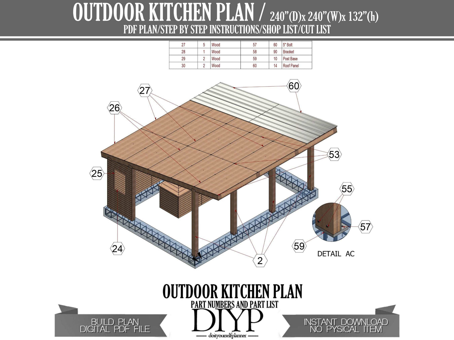 20x20 Outdoor Kitchen Plans , Patio Kitchen , Open-Air Kitchen , Outdoor Dining Patio , Backyard Party Pavilion - Outdoor Bar