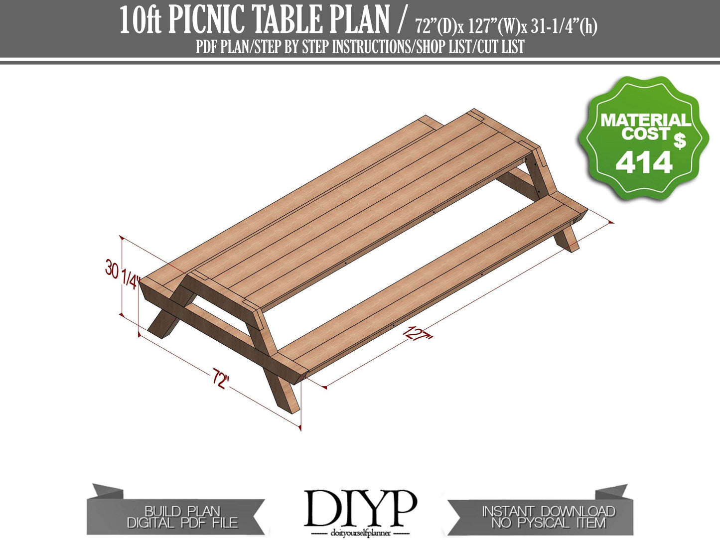 10 Foot Picnic Table Plans | PDF Download