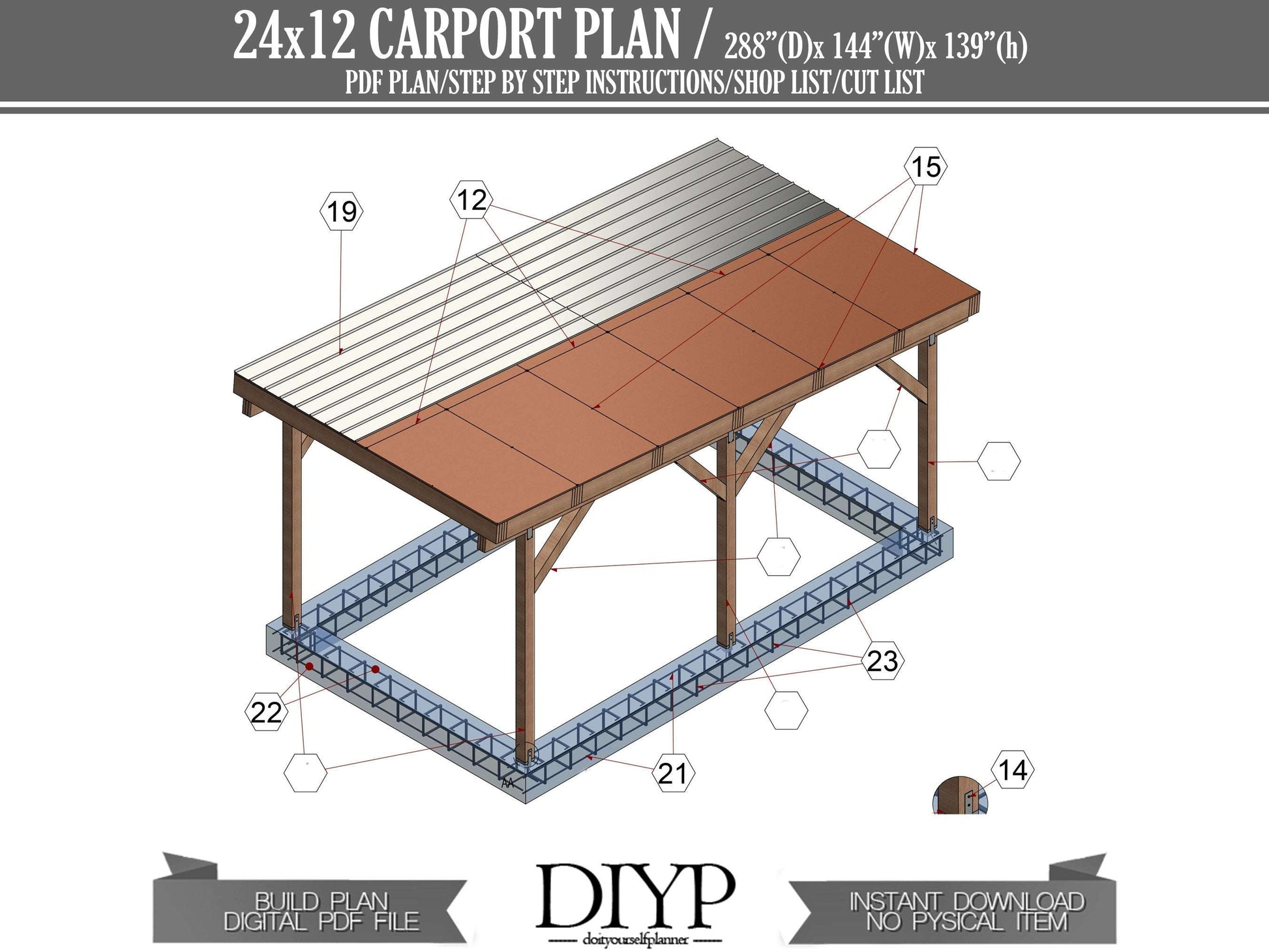12'x24' Carport Plans DIY Wooden car garage - Download Printable PDF