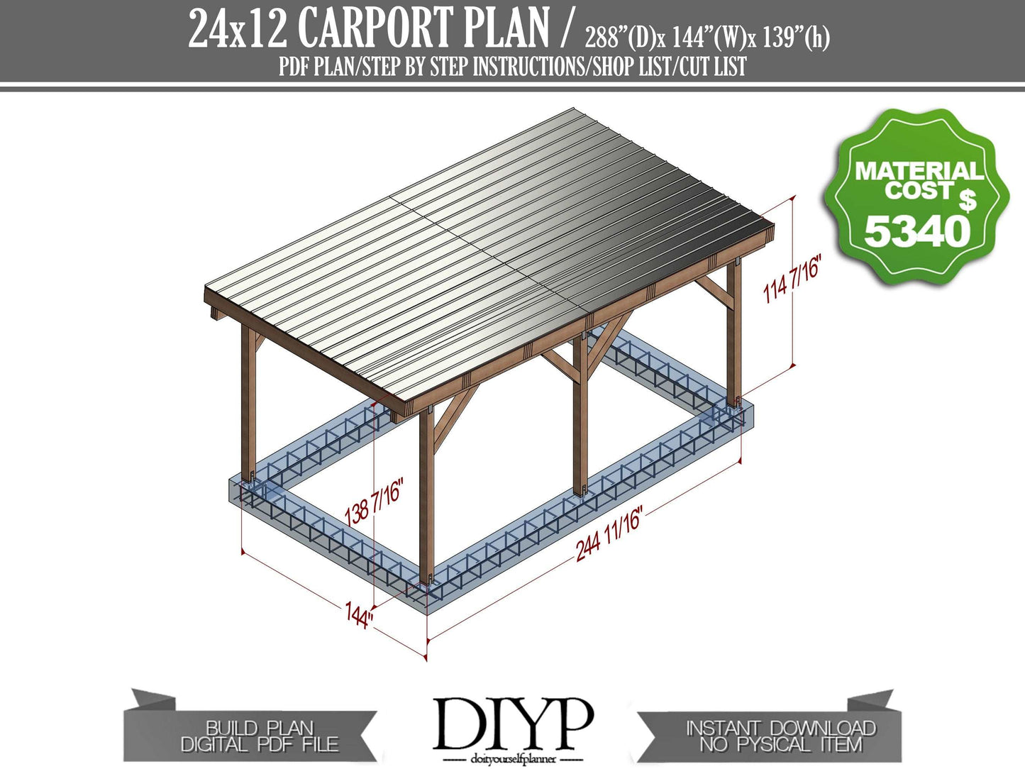 12'x24' Carport Plans DIY Wooden car garage - Download Printable PDF