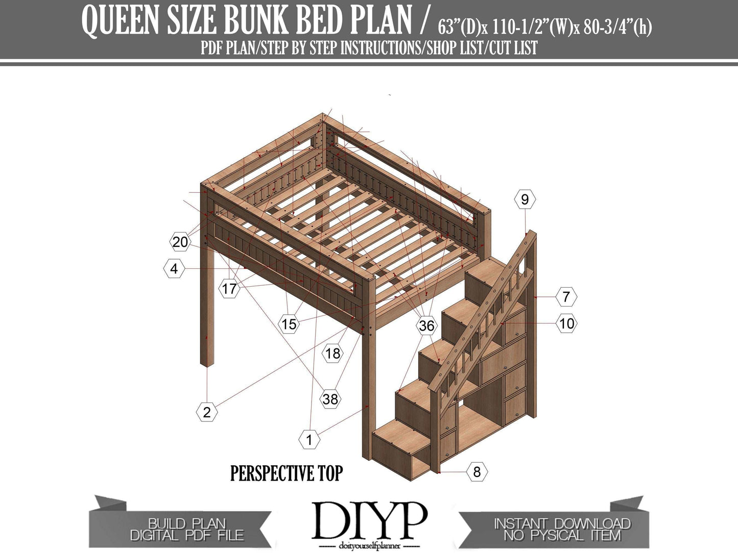 Multifunctional Queen Size Bunk Bed with storage area Plan - Modern bedroom ideas build plans - queen size loft bed