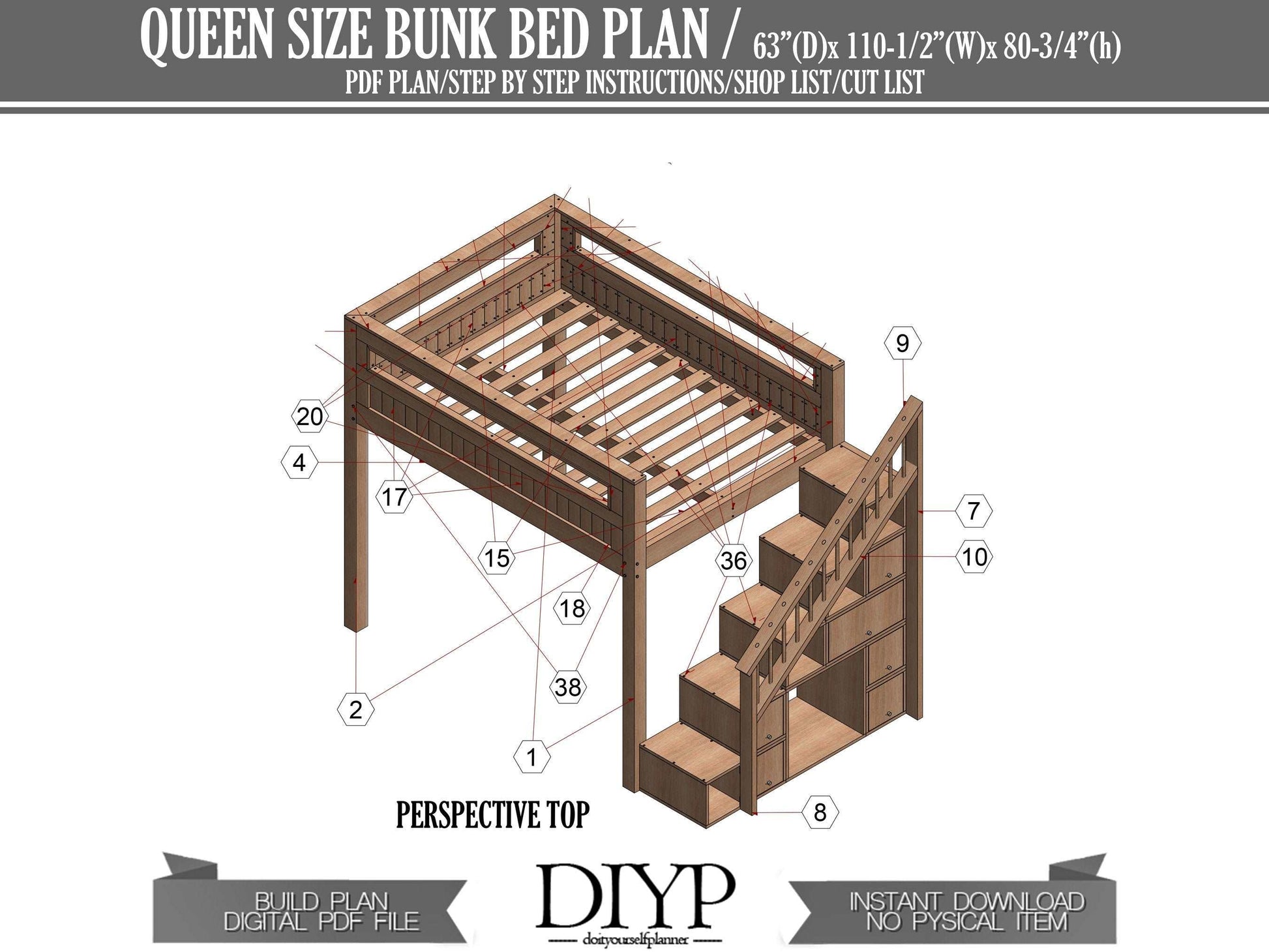 Multifunctional Queen Size Bunk Bed with storage area Plan - Modern bedroom ideas build plans - queen size loft bed