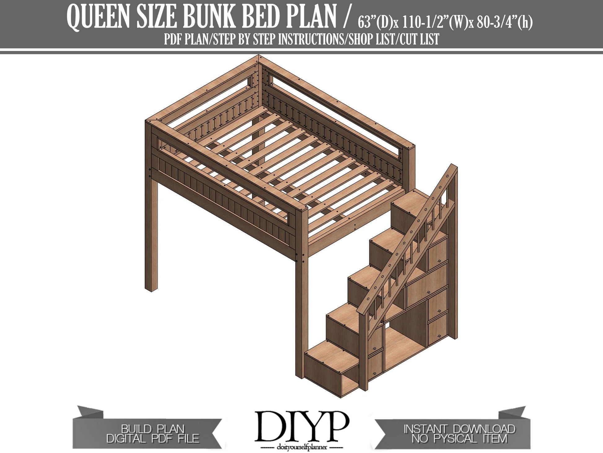 Multifunctional Queen Size Bunk Bed with storage area Plan - Modern bedroom ideas build plans - queen size loft bed