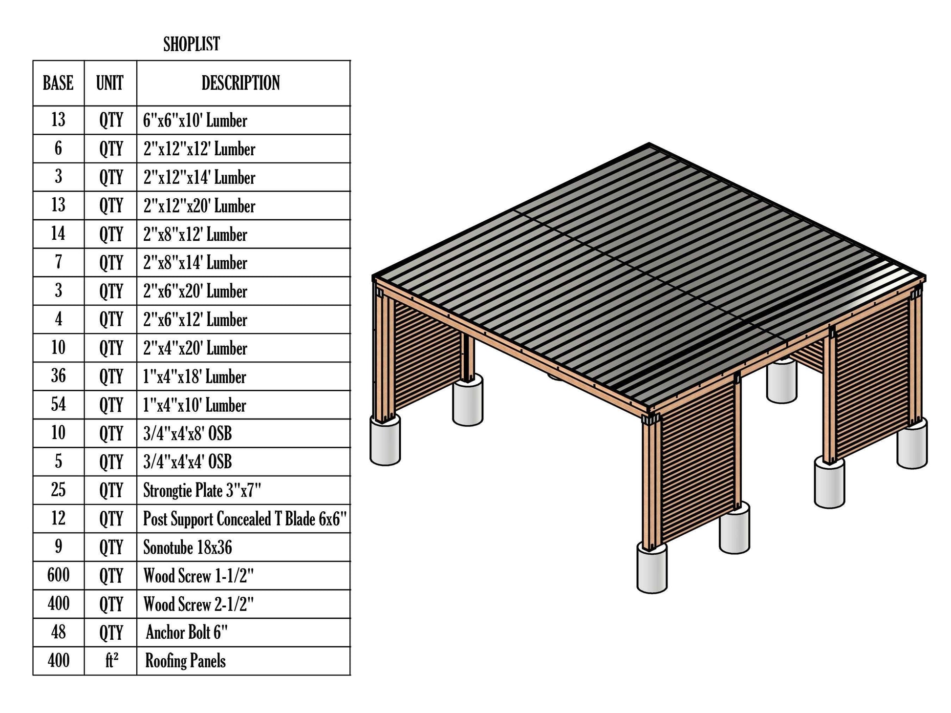 20x20 Modern Car Garage plan - Car Garage for two Car - Modern Pavilion Plans - Wooden Car Port