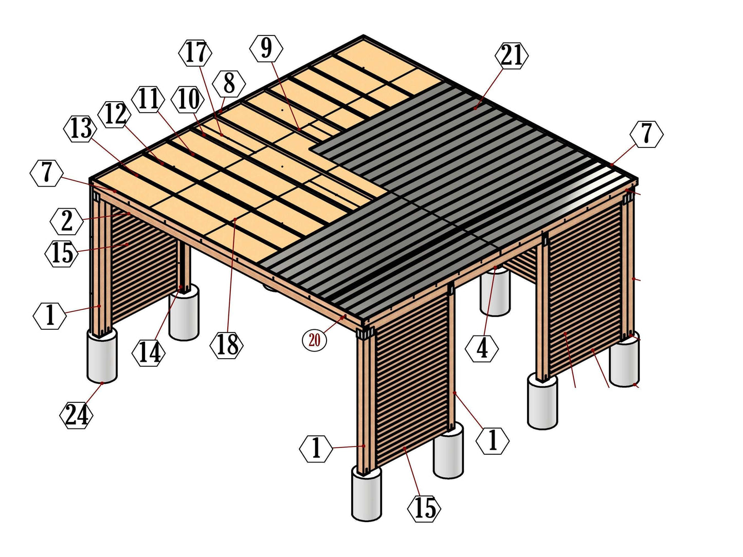 20x20 Modern Car Garage plan - Car Garage for two Car - Modern Pavilion Plans - Wooden Car Port