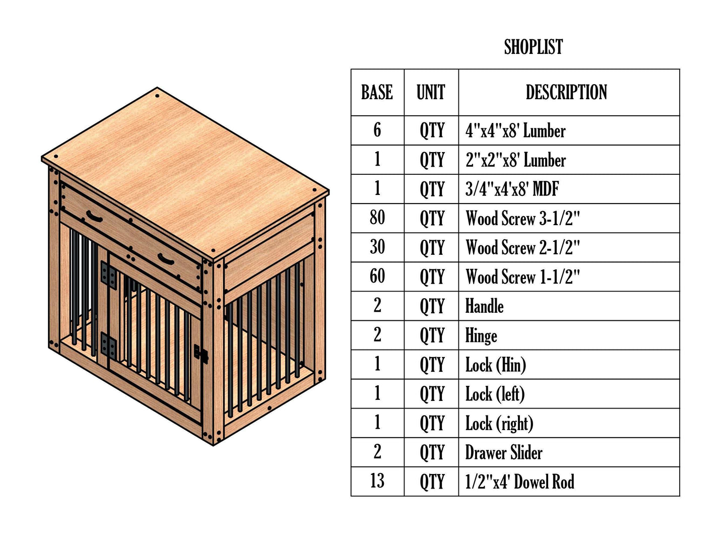 Single Medium Plan for Dog Kennel with drawers - Dog Crate Furniture - Build plans for dog cage-32x24x36