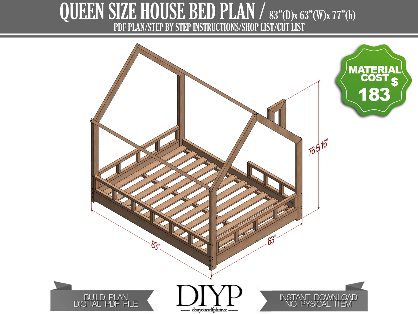 Queen Size House Bed with Wood Chimney Plans