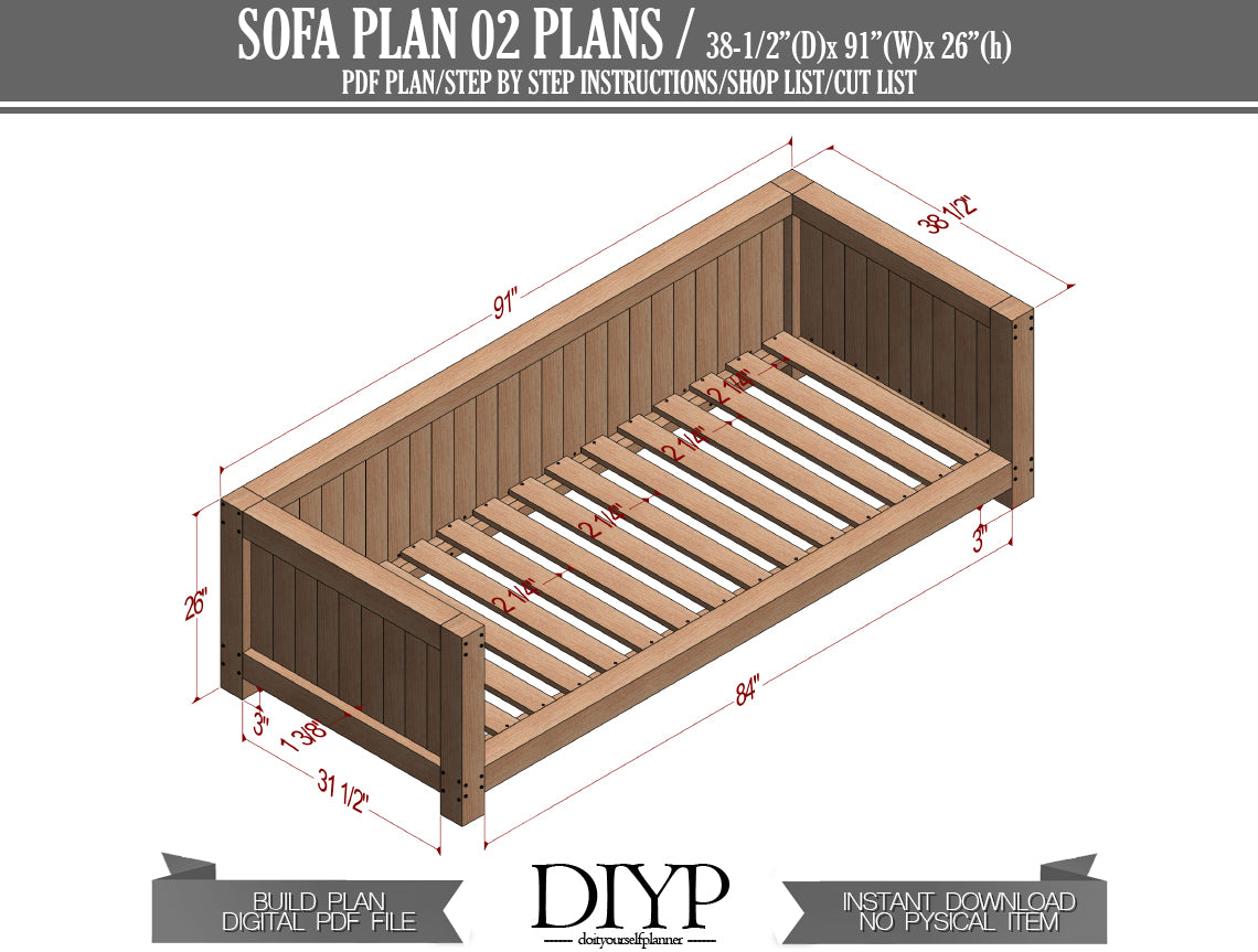 Build Your Own Sofa! Easy Woodworking Plans & Animation - Modern Design, 91x38 Inches