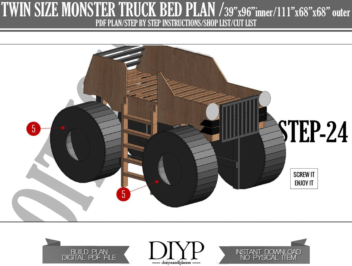 Twin size bed frame - Diy bed frame - diy bed plan - diy boys bed plan - truck bed - construction bed,car bed