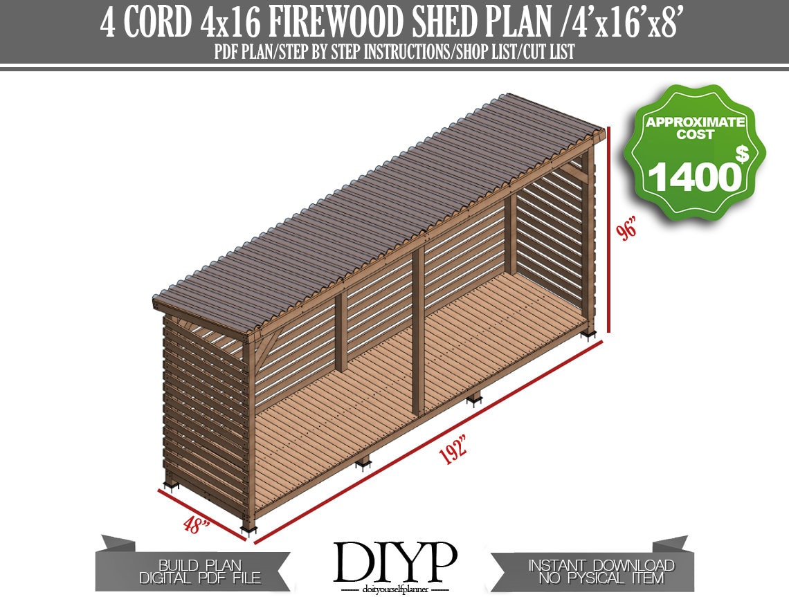 4x16 Firewood Shed Plans | 4 Cord Wood Shed DIY Build Plans