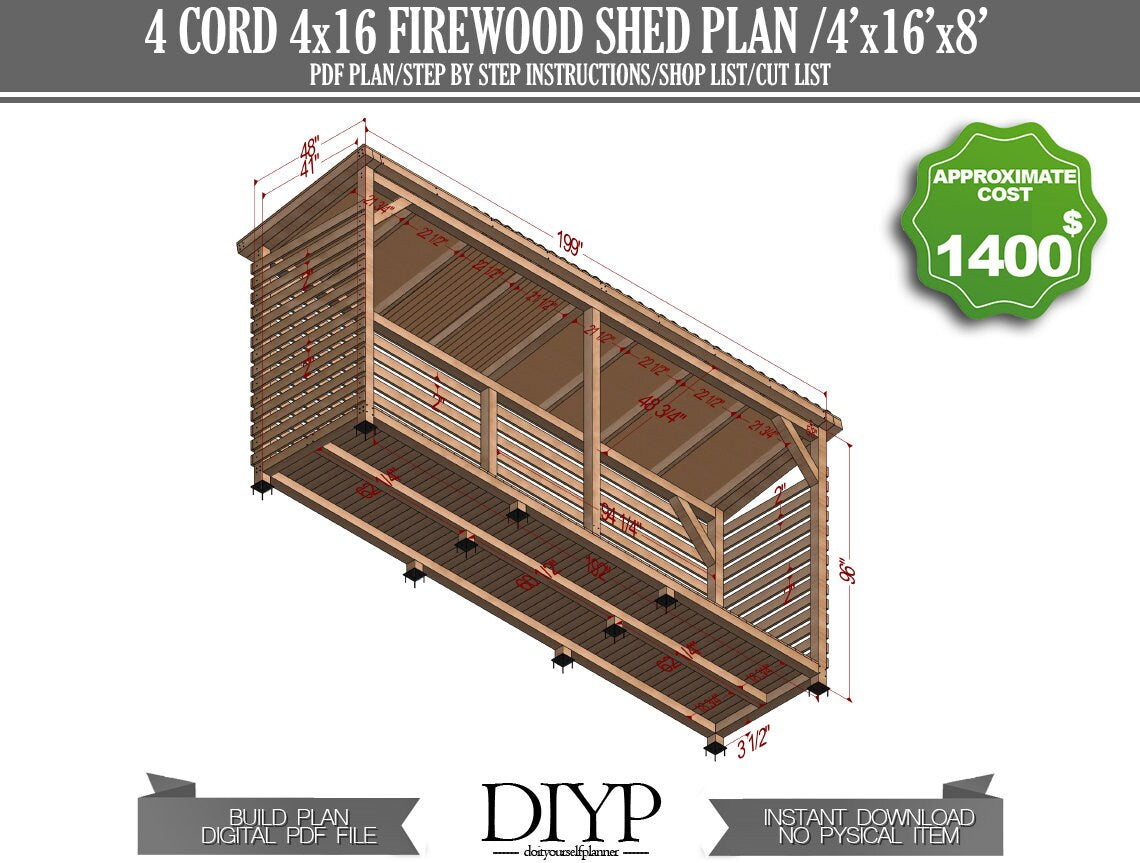 4x16 Firewood Shed Plans | 4 Cord Wood Shed DIY Build Plans