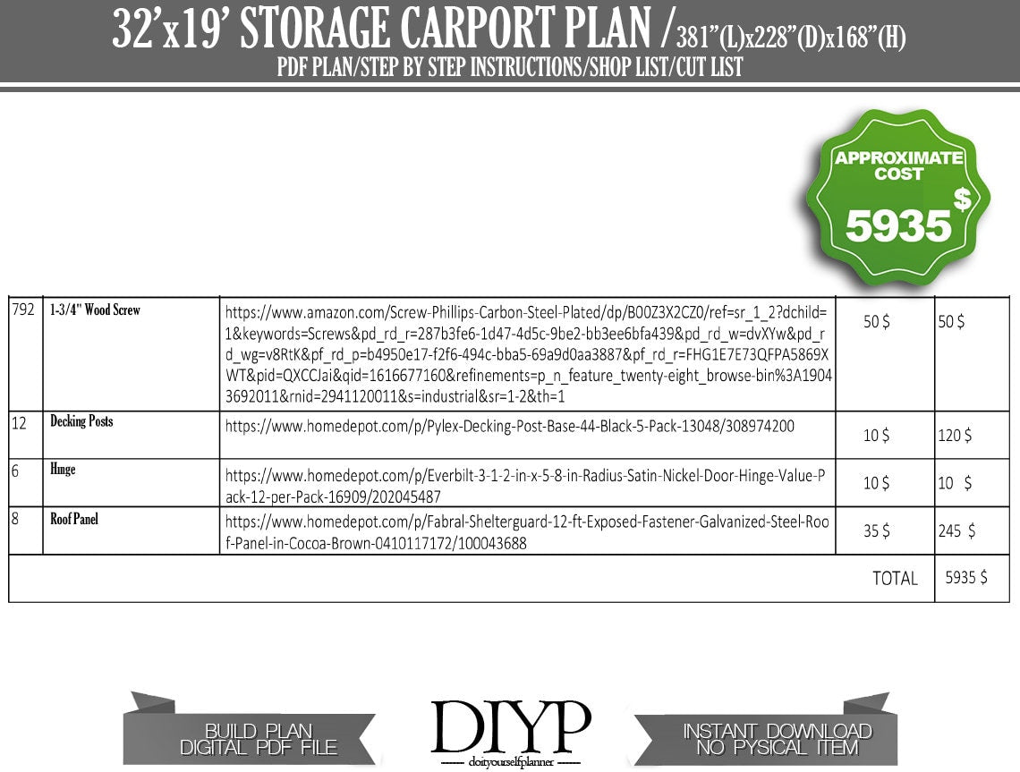 32x19 Two car port plans, car garage build plan, carport with storage plan, carport shed, build a carport, diy garage plans