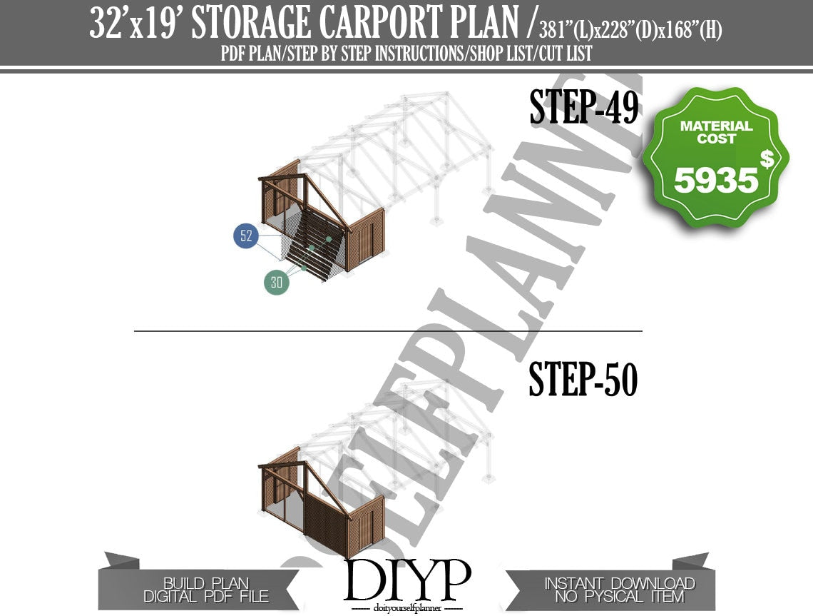 32x19 Two car port plans, car garage build plan, carport with storage plan, carport shed, build a carport, diy garage plans