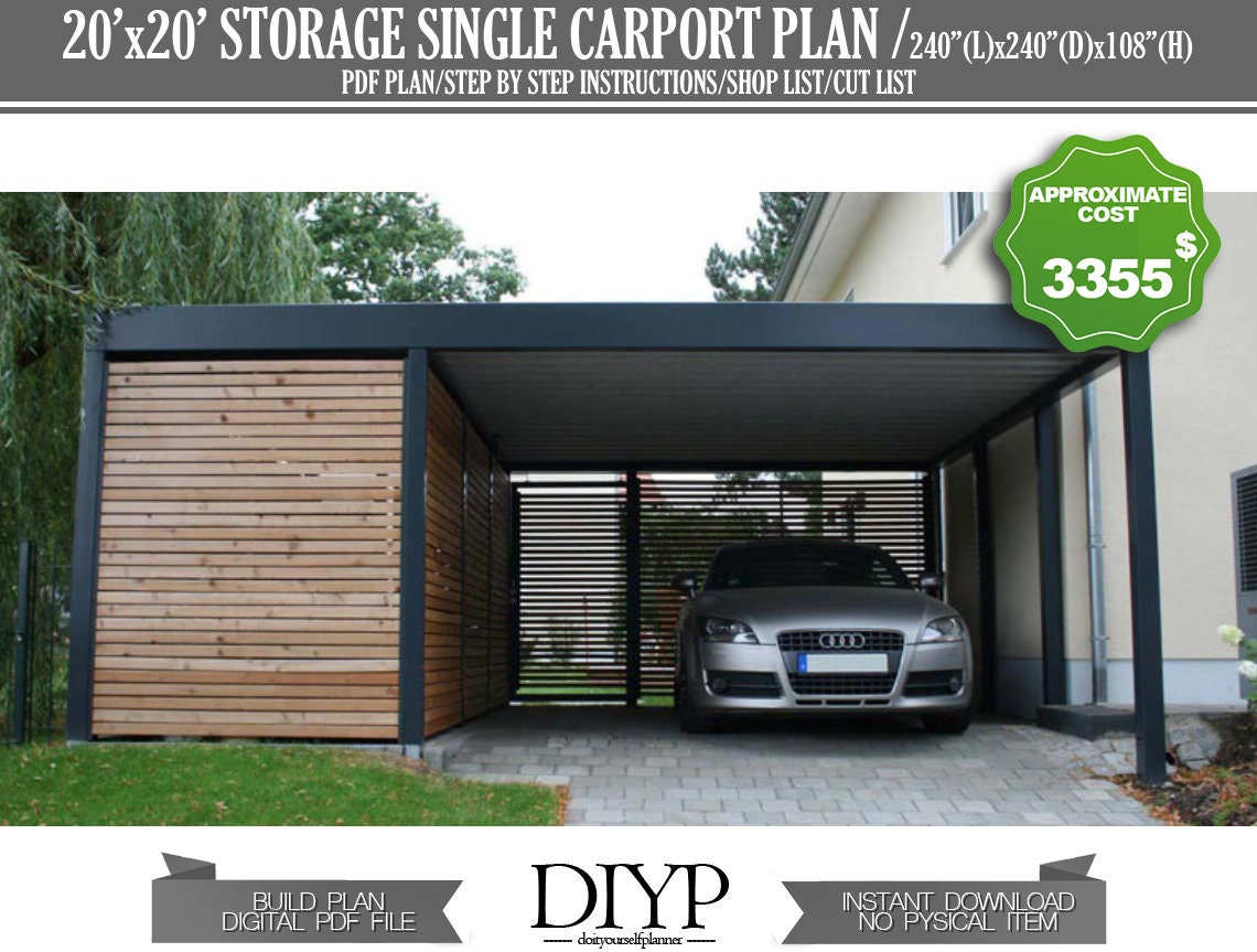 Car garage build plan, Single car port plans, carport with storage plan, carport shed, build a carport, diy garage plans, 20x20 shed