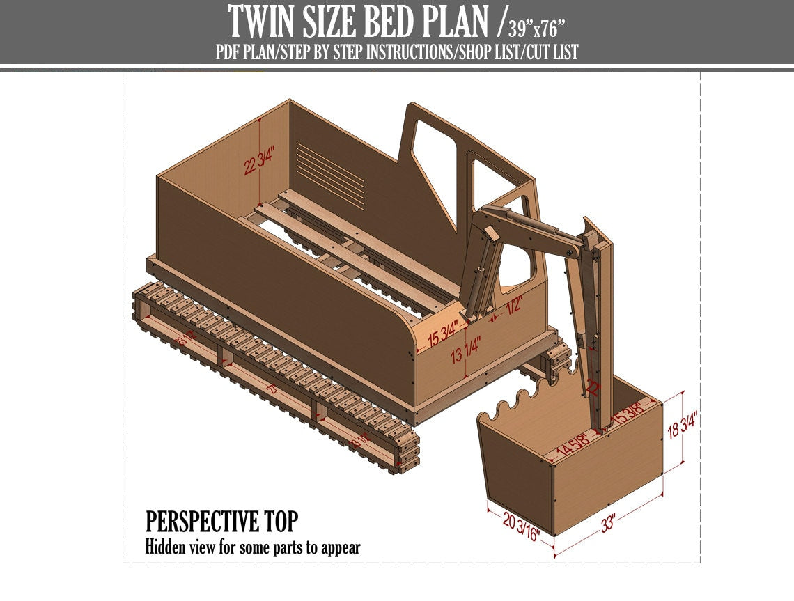 Crib size Excavator Bed Plans, Bed Plan, Children Bed plan, Bulldozer bed plan