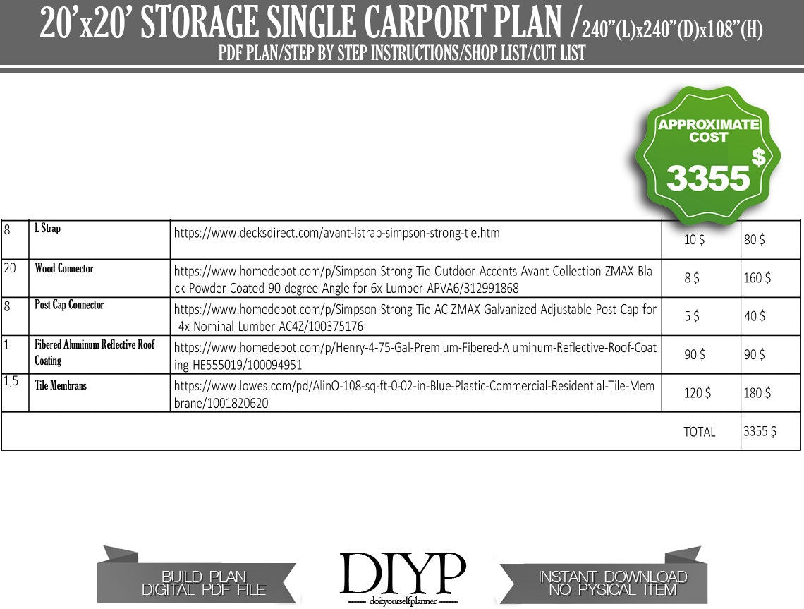 Car garage build plan, Single car port plans, carport with storage plan, carport shed, build a carport, diy garage plans, 20x20 shed