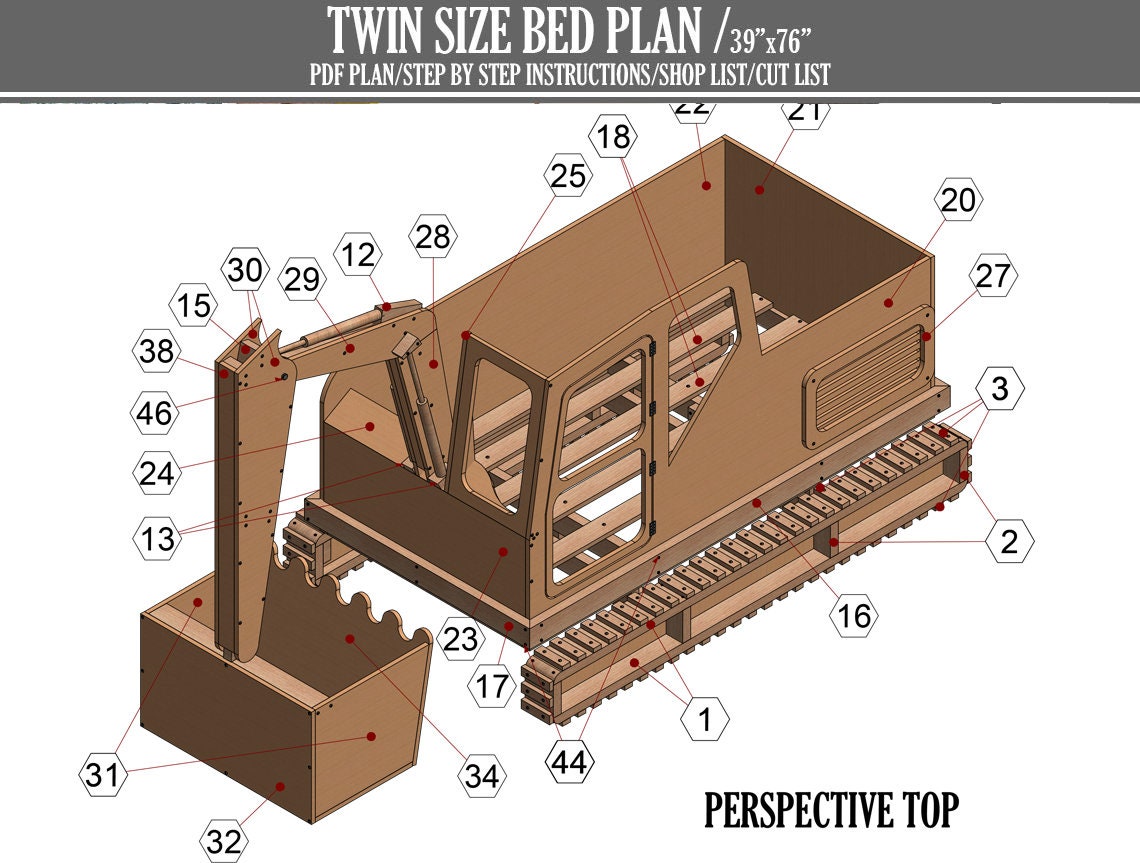 Diy bed plans, dxf bed plans, Excavator Bed Plans,bed Plan, Children Bed plan, Bulldozer bed plan