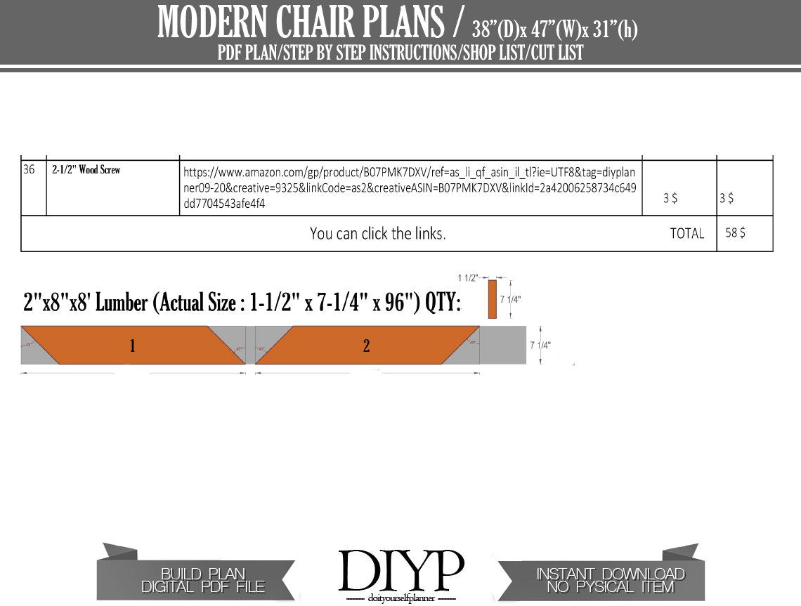 Digital plans for modern chair, wooden chair plans, easy and comfortable chair build plan