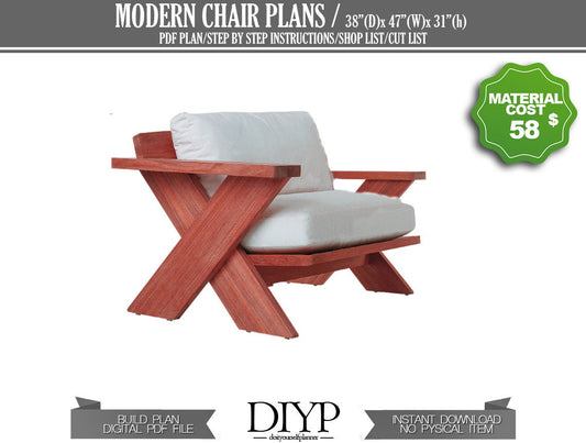 Digital plans for modern chair, wooden chair plans, easy and comfortable chair build plan