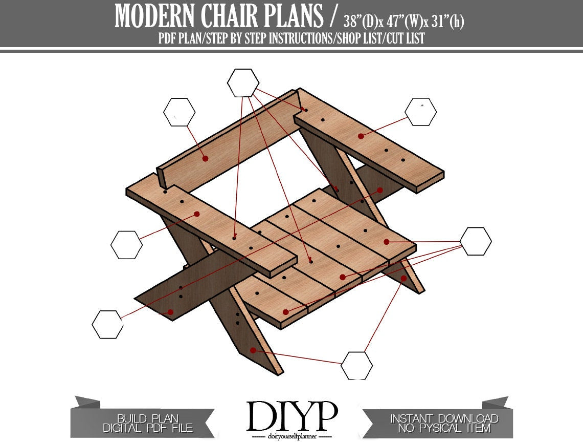 Digital plans for modern chair, wooden chair plans, easy and comfortable chair build plan
